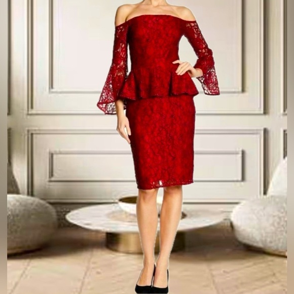 Laundry by Shelli Segal Red Black Tipped lace Peplum Cocktail Sexy‎ Dress Sz 0 - Picture 1 of 14